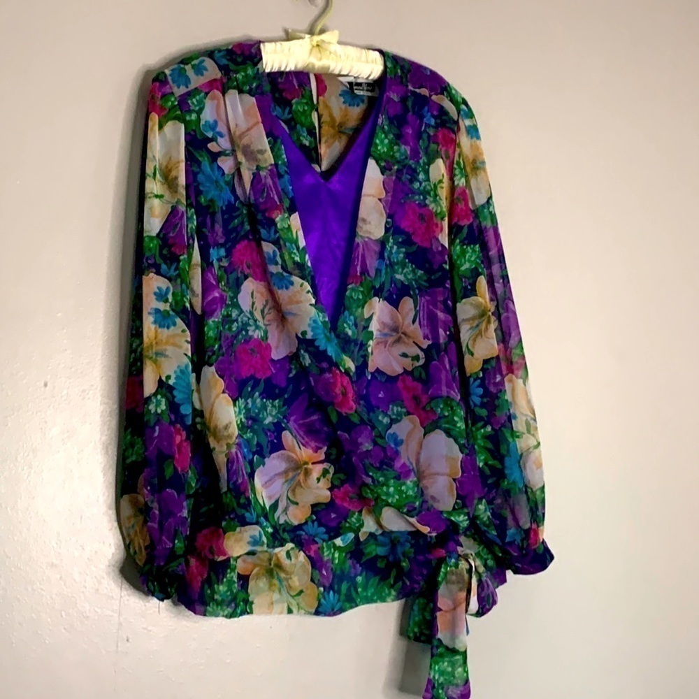 Vintage Jo Hanna York Joan Davis floral long sleeve chiffon faux wrap XL shirt